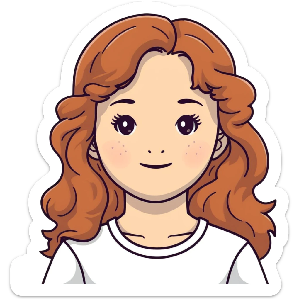 adolescent girl with long wavy hair, freckles, long eyelashes, white top sticker