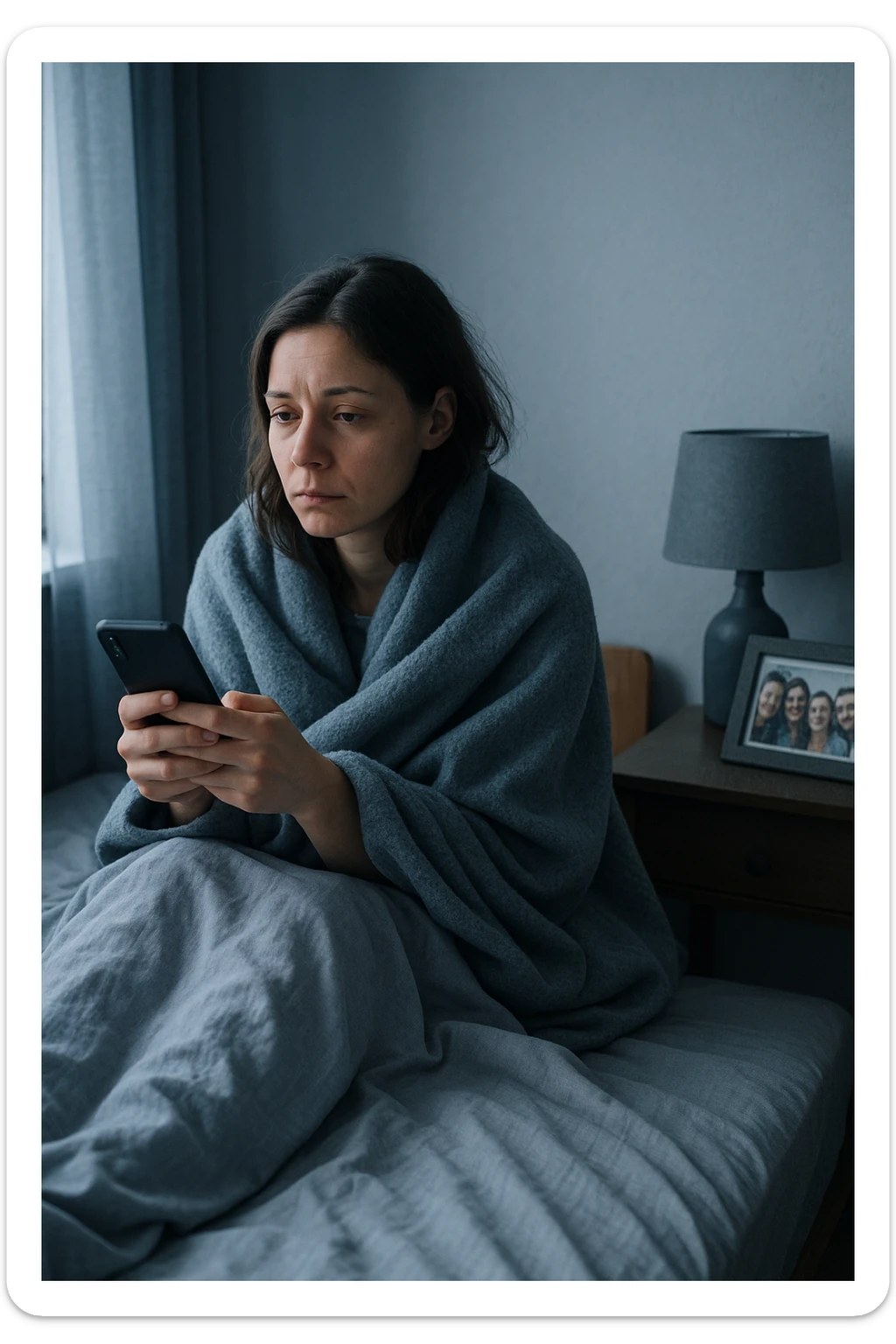 Donna tra i 30 e i 35 anni seduta da sola in una stanza, avvolta in una coperta, guarda il telefono ma non risponde ai messaggi. Sul comodino, una foto con amici, leggermente coperta dalla polvere. Sguardo perso nel vuoto. La stanza trasmette solitudine e distacco. Colori freddi, luce naturale tenue sticker
