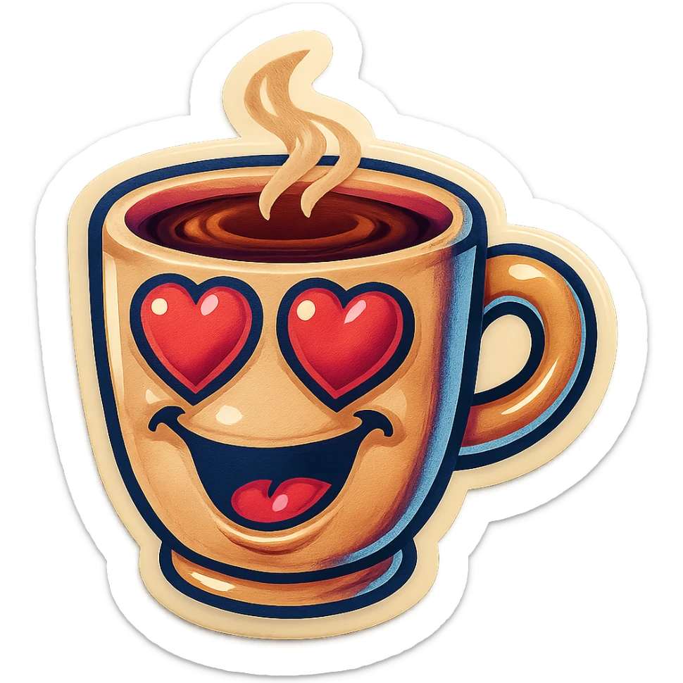 coffee cup creature, big heart eyes, dopey smile sticker