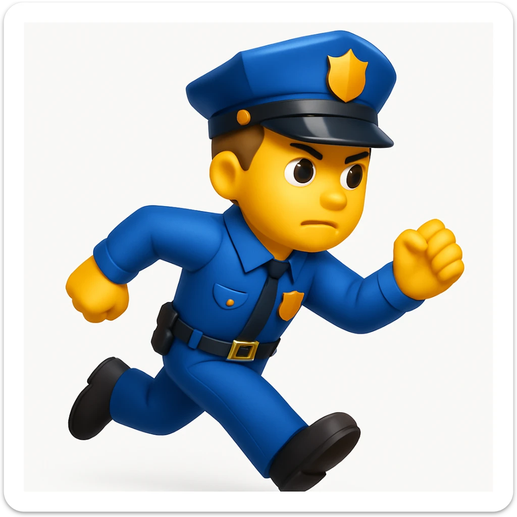 A 3D emoji in iOS emoji aesthetic style of a police officer running forward as if chasing someone, one arm stretched and the other bent, determined facial expression, wearing a blue police uniform and cap, glossy Apple-style rendering, clean white background sticker