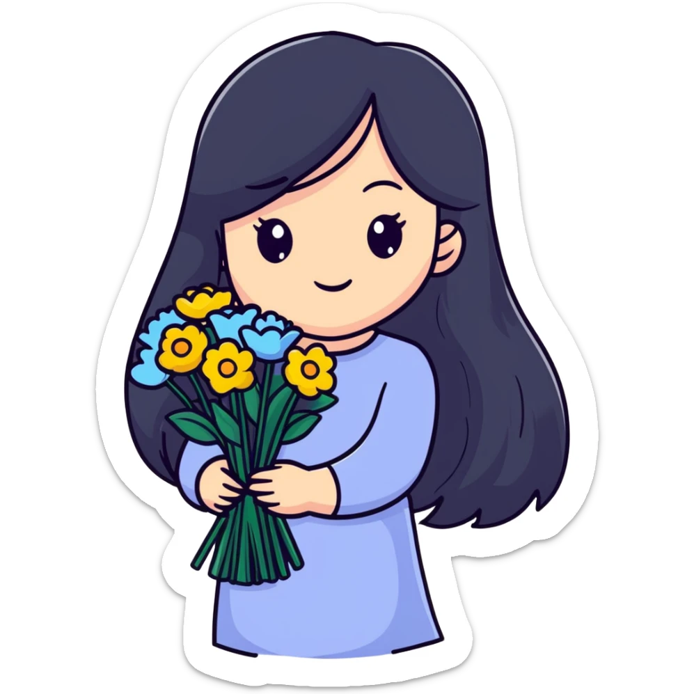 beautiful girl with long black hair holding a bouquet of flowers sticker