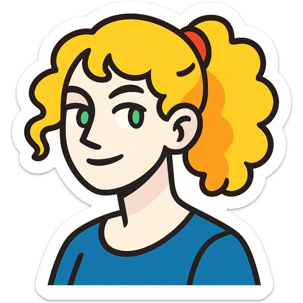vibrant toon style character with blonde, curly shoulder-length hair tied back with a red scrunchie, pale white skin, pale green eyes sticker
