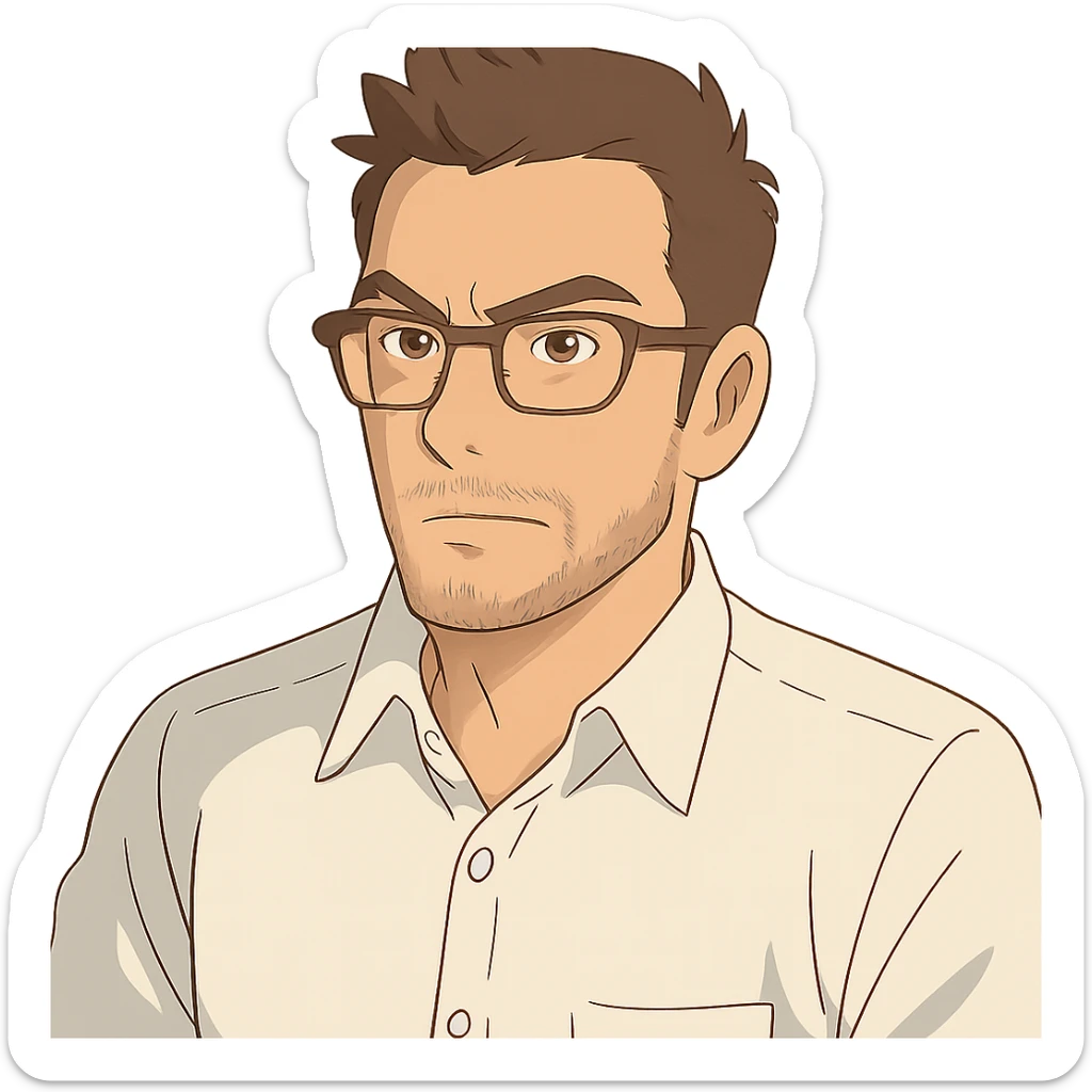 soft color portrait of a driven businessman with a white button up shirt, no tie, dark brown hair in a business casual fauxhawk, 5 o'clock shadow with gray near chin, brown rectangular glasses sticker