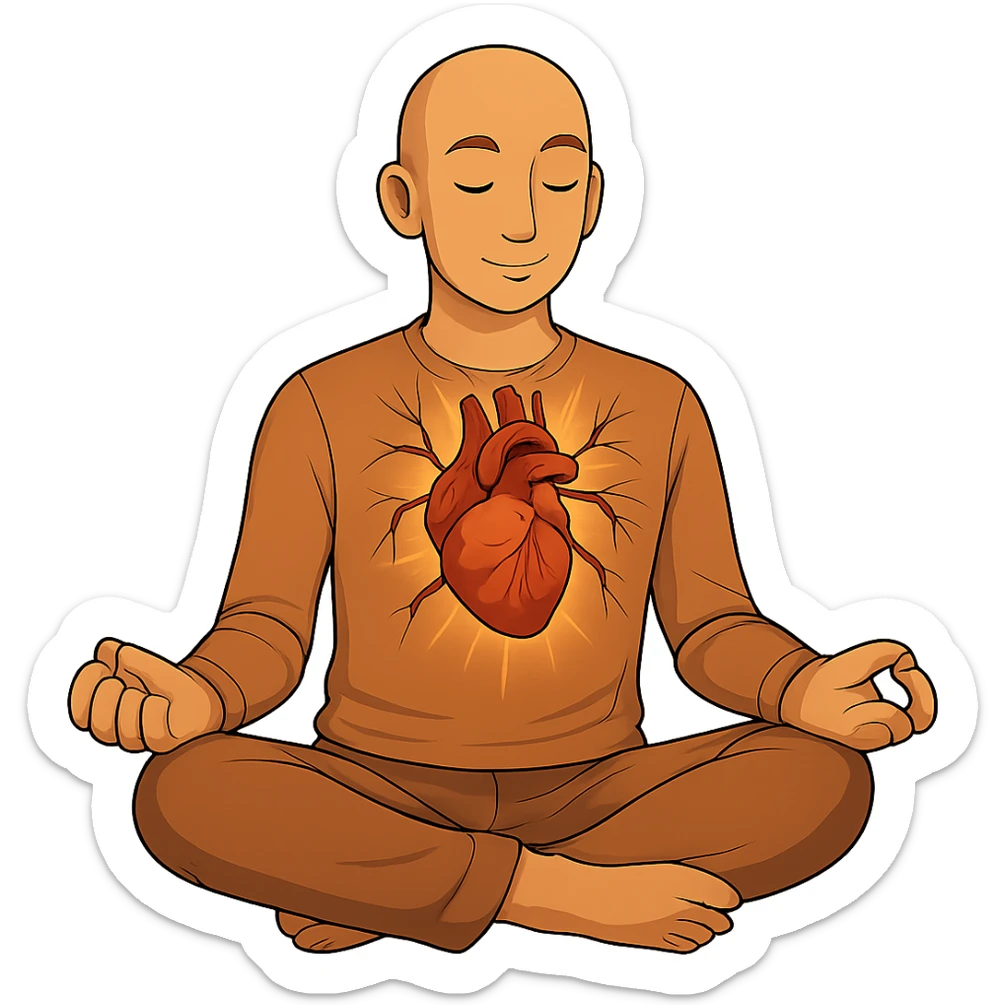 Person is meditating and his heart is glowing and shining, general style, with a real organ heart form, with no background, more a form, not cut the arteries, but make them connected to blood system sticker