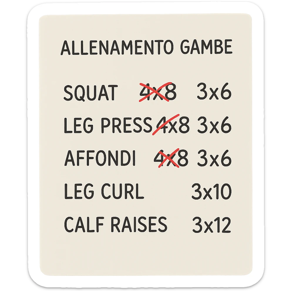 foglio di carta con scheda di allenamento gambe in italiano con volume di allenamento ridotto (fai alcuni esercizi con 4x8 scritti in precedenza sbarrati in rosso e la correzione accanto tipo 3x6), scrivila al meglio che puoi sticker