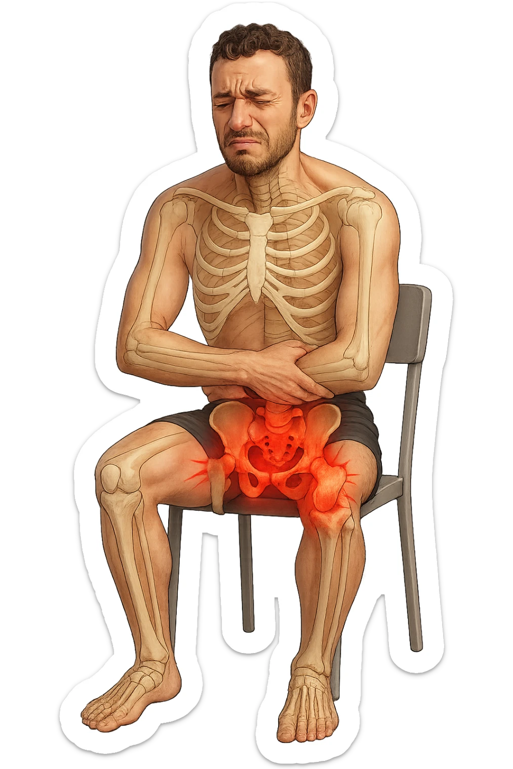 fai questo ragazzo identico MA IN POSA FRONTALE, ma fallo seduto su una sedia semplice e mettigli un bacino anatomico infiammato in evidenza sul corpo e un espressione di dolore in volto, ossa visibili, iperrealistica in 3d sticker
