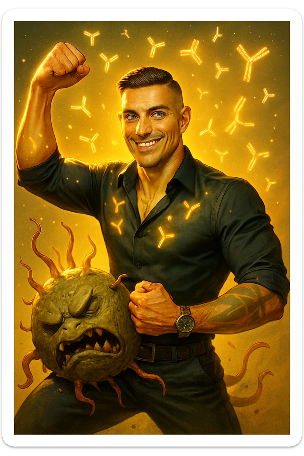Un uomo atletico (30-40 anni) dalla pelle perfettamente liscia, senza cicatrici o imperfezioni, che emana un leggero bagliore dorato (metafora degli anticorpi).
Occhi brillanti con riflessi blu-verdi (simbolo di salute estrema).
Postura eroica, con un braccio sollevato in un gesto di forza, mentre con l'altro tiene un batterio gigante schiacciato come se fosse un mostro sconfitto. sticker