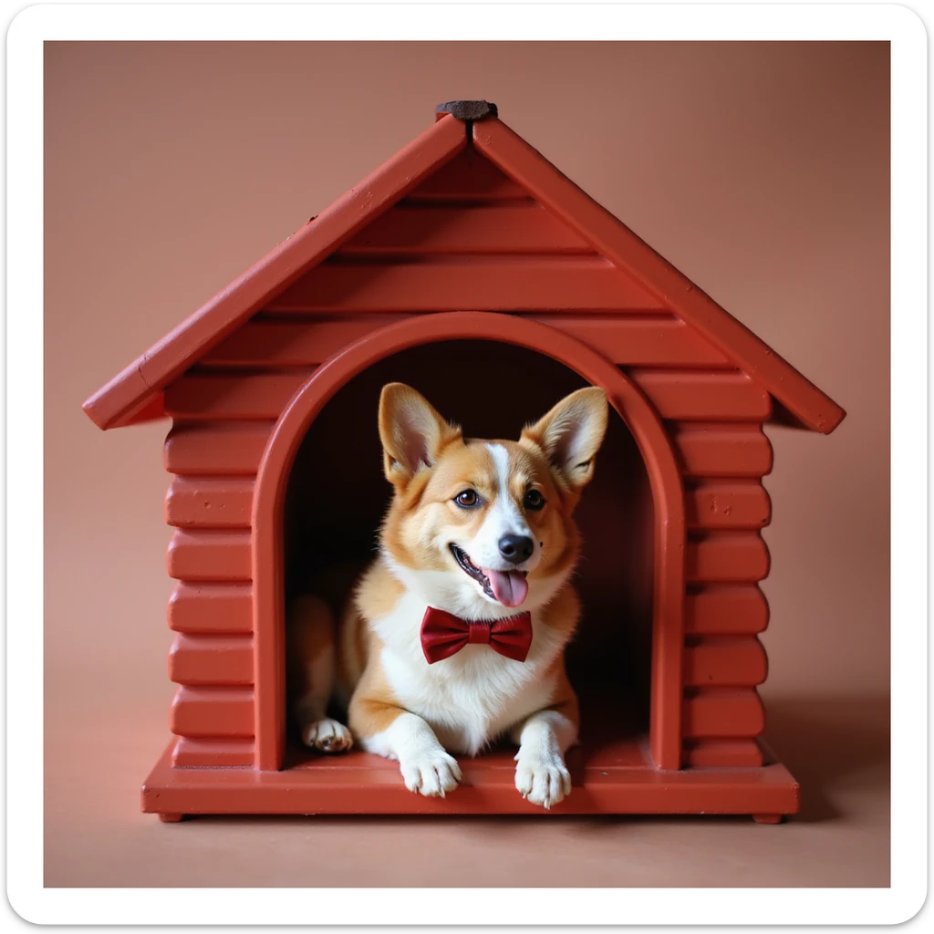 realistic red dog house with a Corgi dog inside, Corgi with a bow tie, photorealistic style sticker