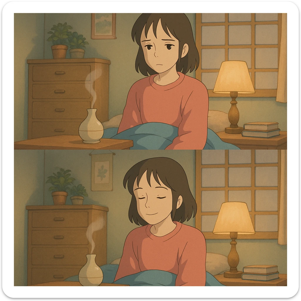 a girl in a bedroom, looking sad, then smelling a scent like from a candle or diffuser, her mood changing to relaxed, ghibli style sticker