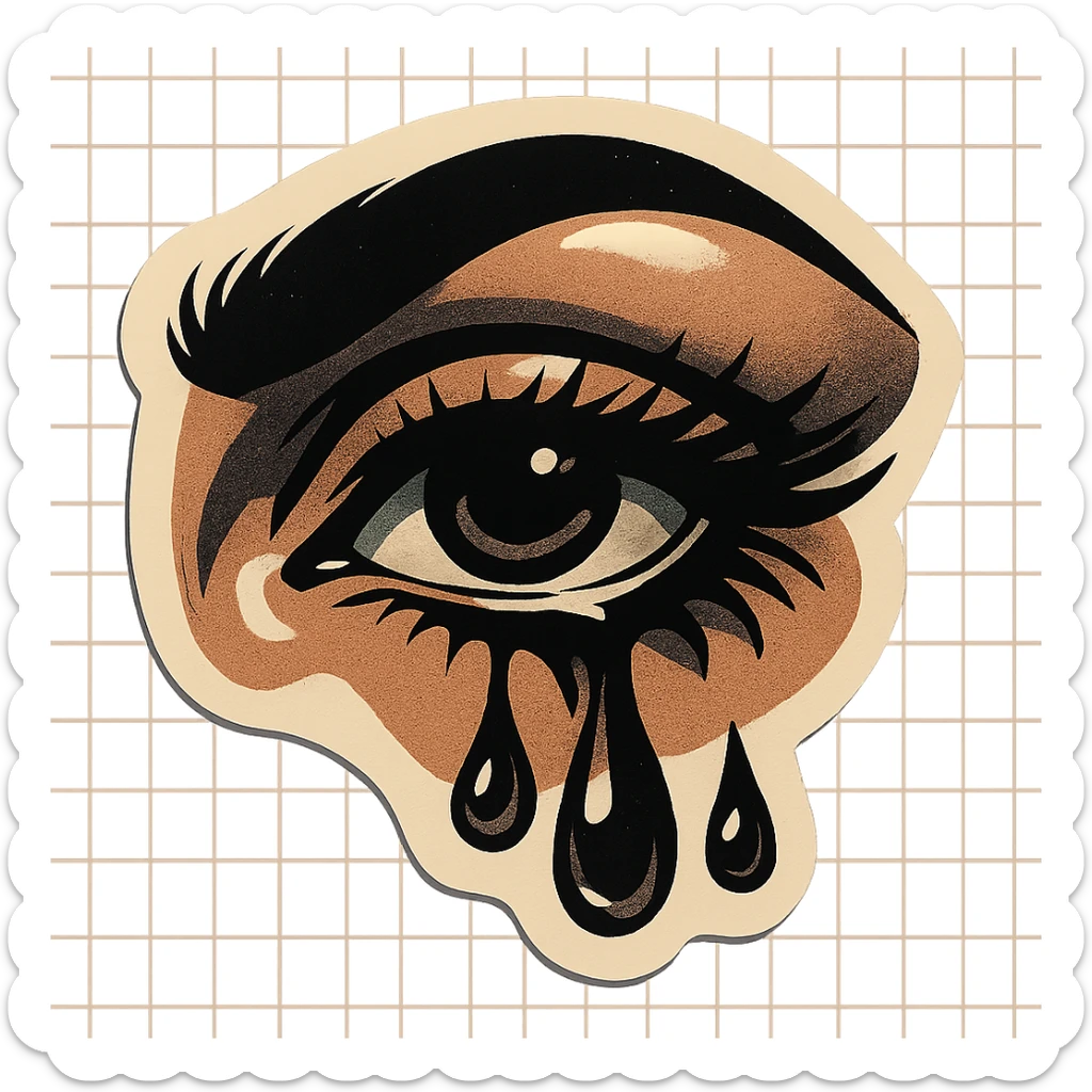 dark female eyes with eyelashes, tears, gloomy but beautiful look, sharp black contours, sharp shadows and highlights, retro stickers style, no gradients sticker