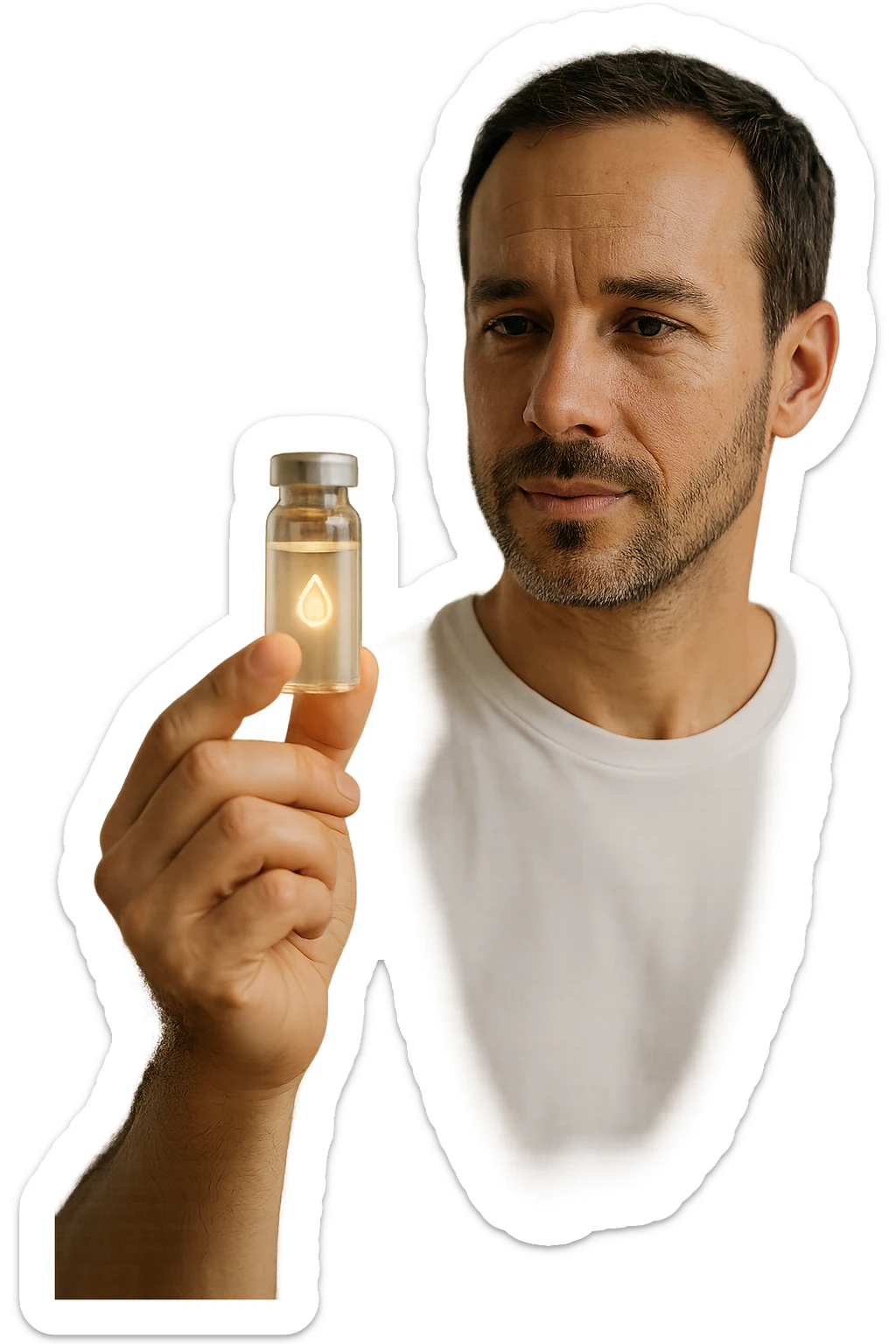 A realistic, high-quality cinematic photo of a health-conscious man in his late 30s holding a small clear glass vial filled with structured, informatized water used in kinesiological treatments. The man is standing in a bright, clean holistic therapy studio with wooden furniture and plants, looking at the vial with a focused, hopeful expression. The vial has a minimalist label with a water droplet symbol, glowing softly to symbolize its informational energy properties. The atmosphere is calm, professional, and filled with natural light, conveying the holistic, gentle yet advanced nature of kinesiological practices sticker