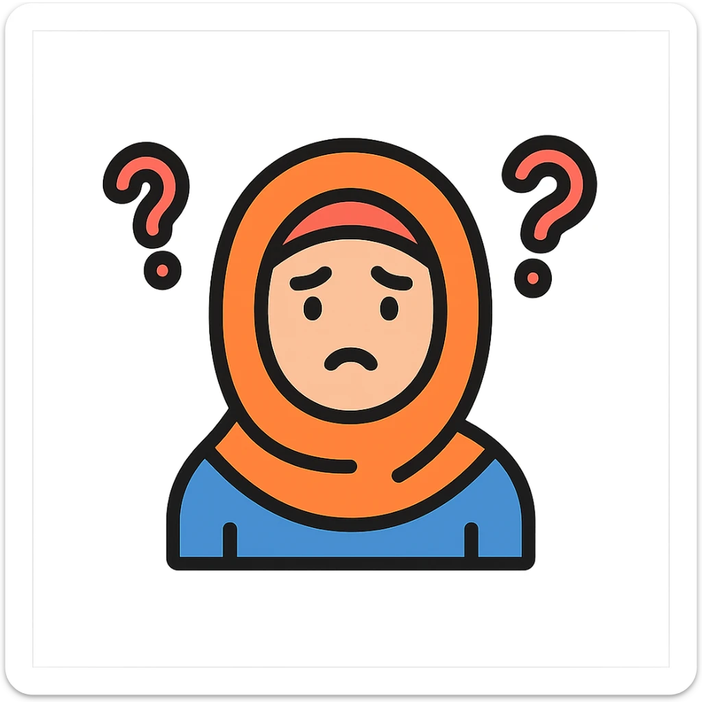 confused girl in hijab, '??' symbols circling her head, simple icon style, colorful and friendly sticker