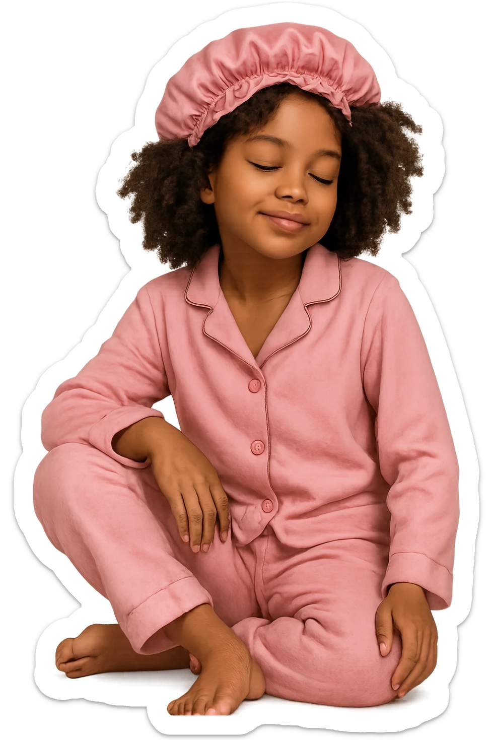 black girl with curly hair, pink pajamas, and a pink satin cap, relaxed pose, no background sticker