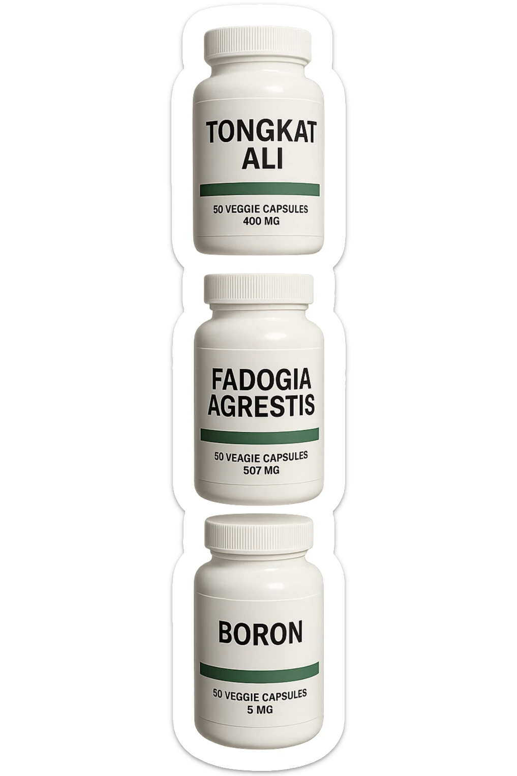 4 boccette di integratore: Tongkat Ali, Fadogia Agrestis, Boron e Zinco fluttuano in aria verticalmente sticker