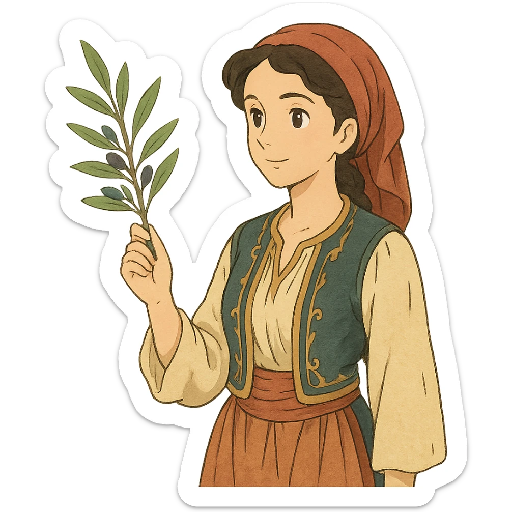 Greek woman in traditional dress holding olive branch sticker