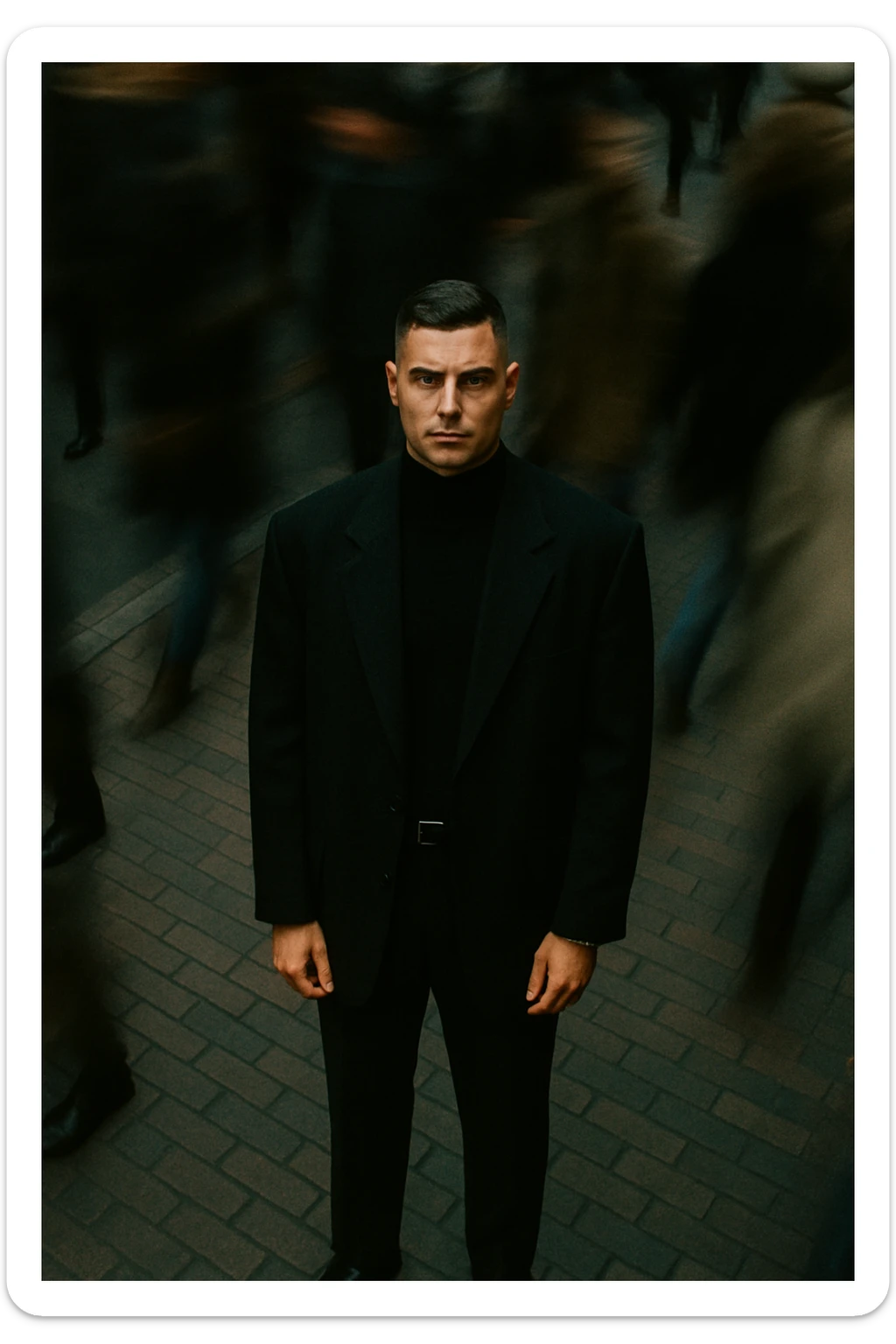 overhead shot of me standing still on a brick city sidewalk, wearing a dark oversized blazer,motion-blurred crowd rushes past around me. Moody lighting, 35mm film look, shallow depth of field, sharp focus on me. sticker