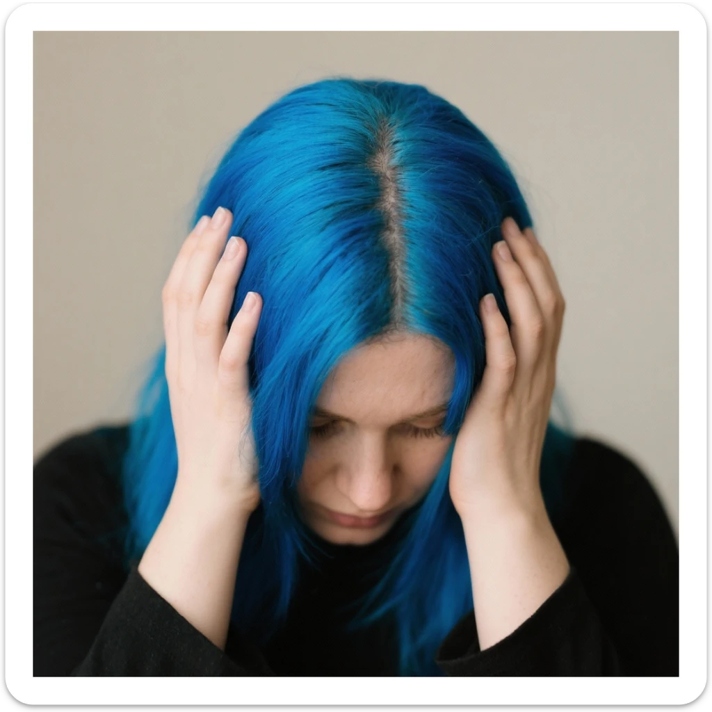 Woman with blue hair with her head in her hands sticker