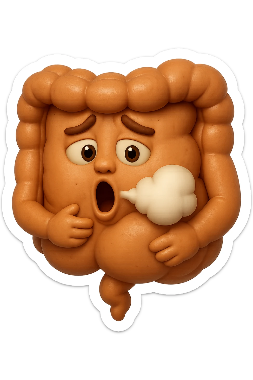 emoji stile iphone di un intestino che ingoia una nuvoletta di aria ben visibile e gli si gonfia la pancia, iperrealistico 4k sticker
