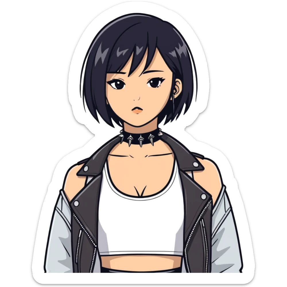 A asian girl with Black eyes and black straight hair with a bob with a black spiked chocker with white tank top with a leather jacket on sticker