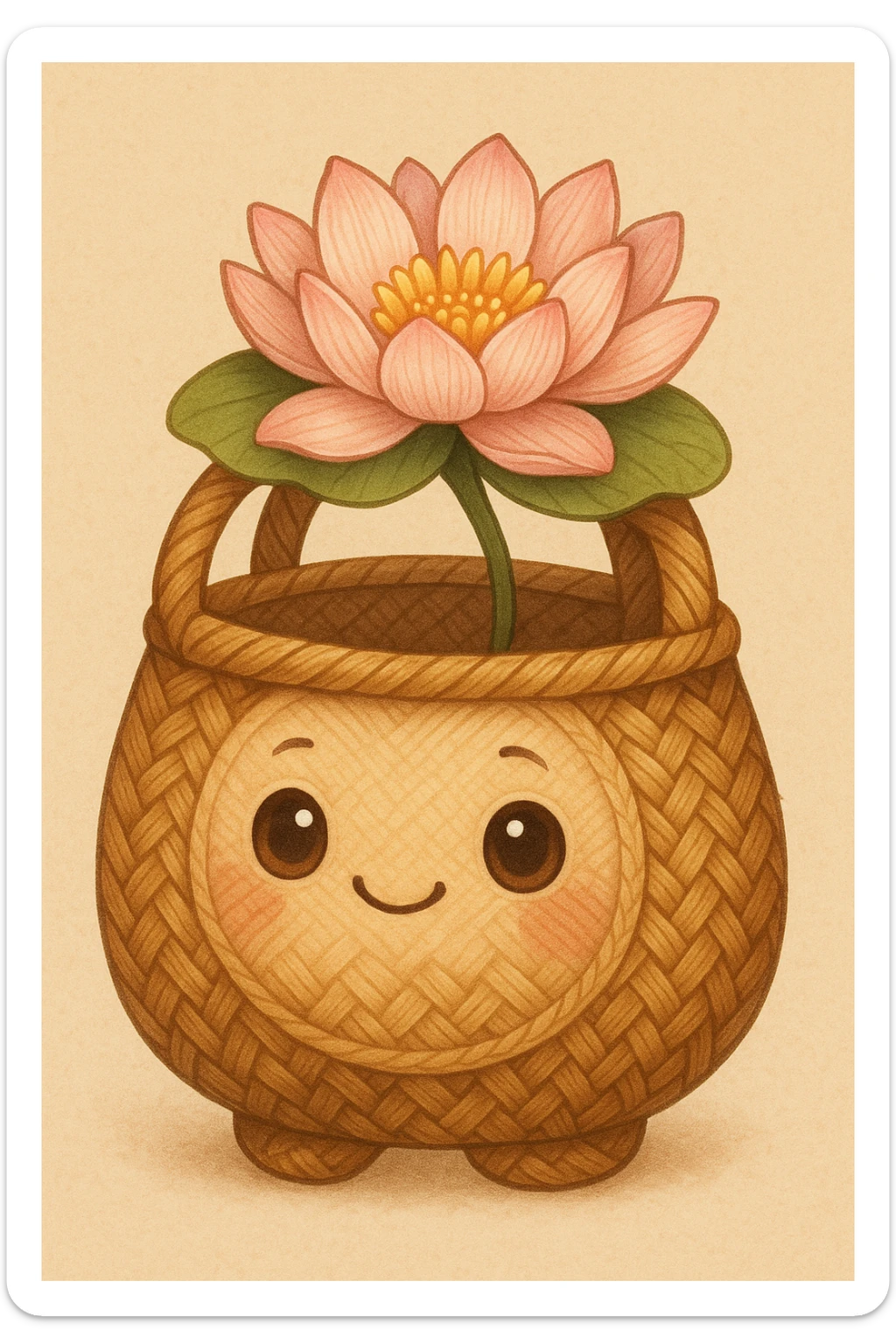 mascota para proyecto productivo que combina un bolso artesanal tejido y un lirio de agua, con rasgos simpáticos y amigables, ideal para representar una marca creativa y artesanal, estilo tierno y detallado sticker