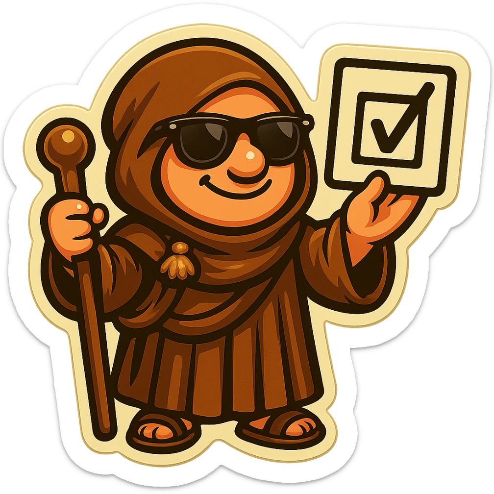Add sandals to the feet of the pilgrim and lower the hood onto the shoulders, with a brown cloak. The pilgrim wears sunglasses. Create a friendly and amusing atmosphere in a sticker style with a transparent background. sticker