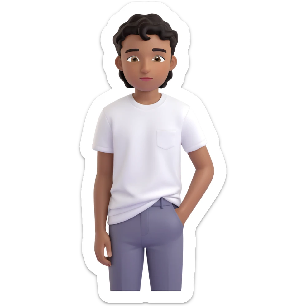 portrait emoji of a sixteen-year-old with brown skin, wavy black hair in a taper fade hairstyle, handsome face, wearing a white t-shirt sticker