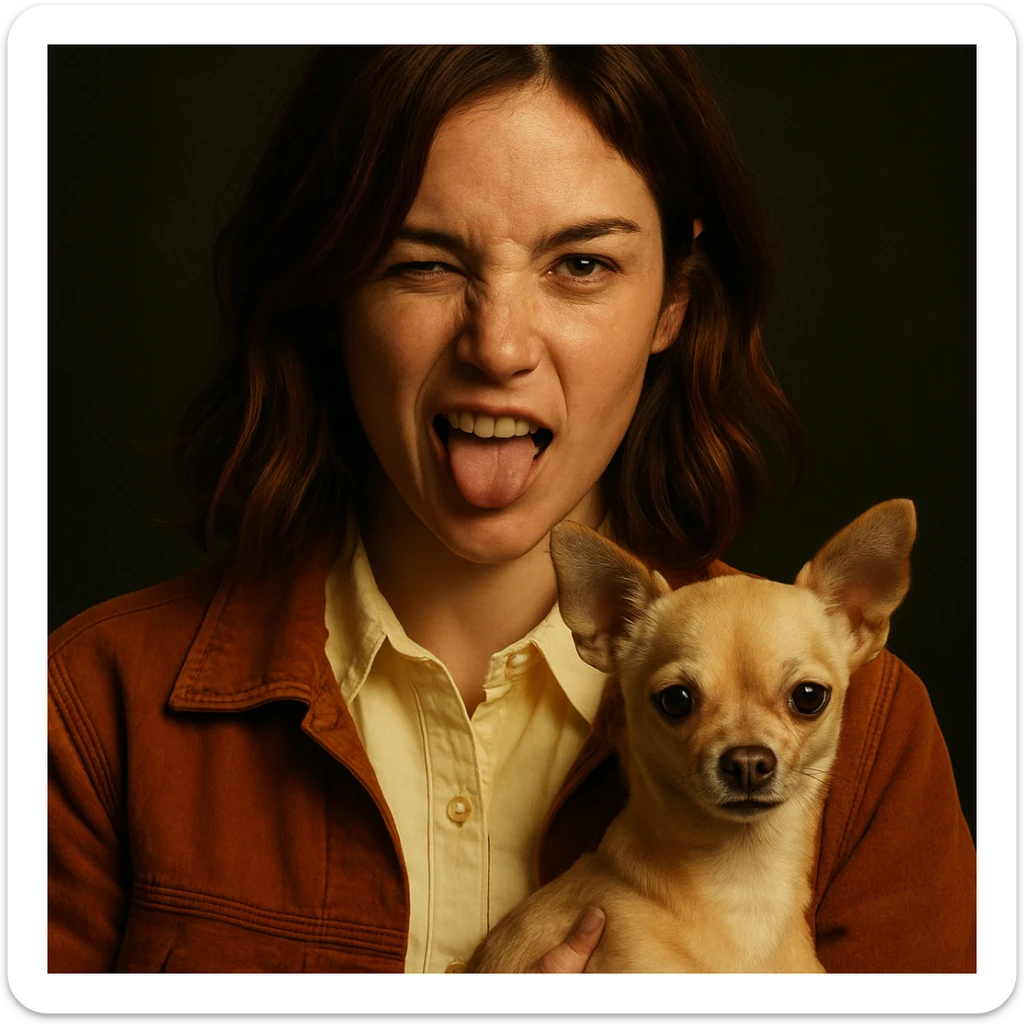 Portrait style Netflix poster of a woman with tanned skin, subtle freckles, wearing a pale yellow shirt color #FFF8CA, rust-colored jacket, medium-length brown hair with auburn highlights, rebellious and playful expression, holding a beige-brown chihuahua, dark background. sticker