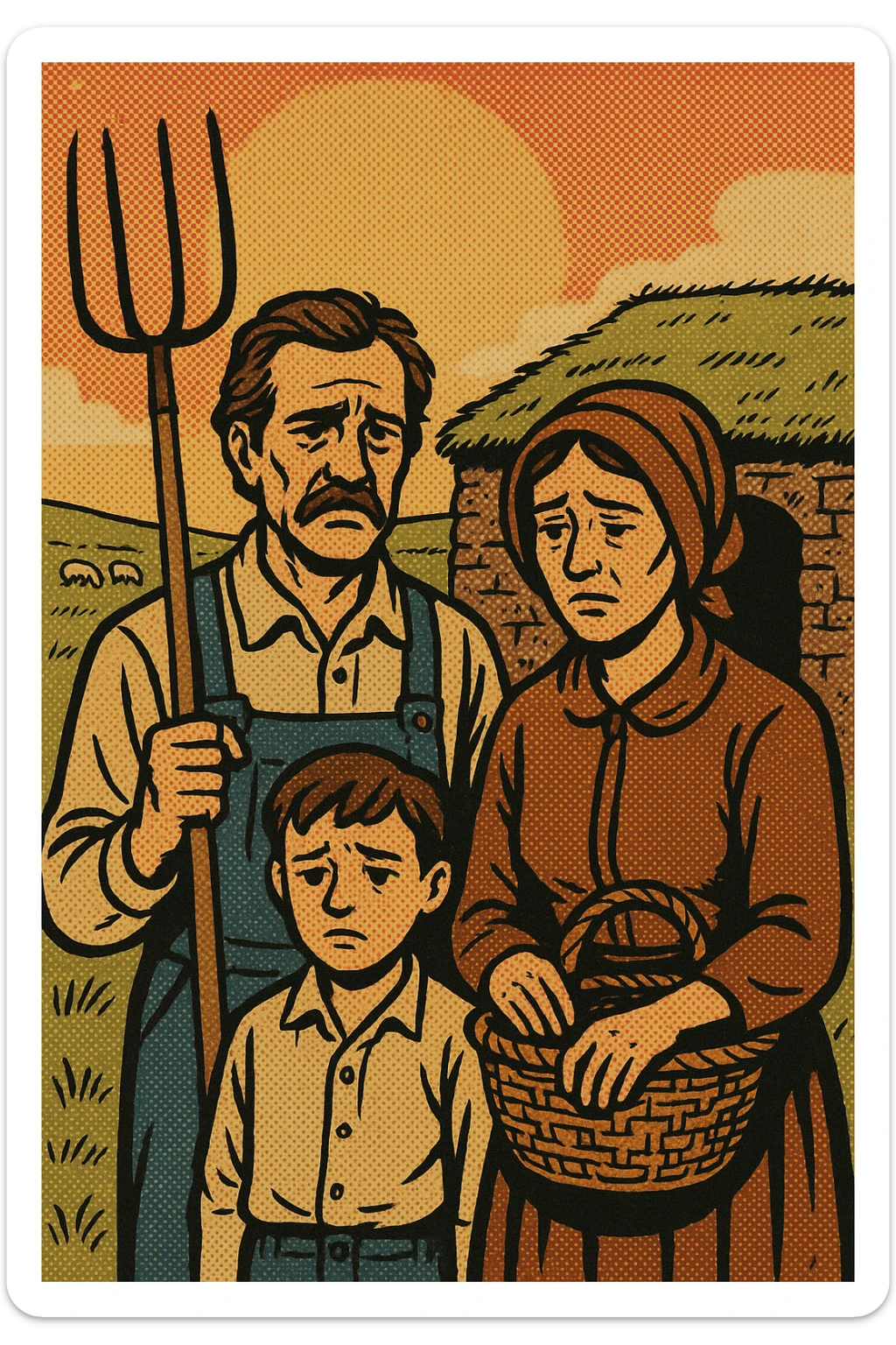 A sad homestead farming family from the 1860s standing in front of their sod house on the Great Plains. The father is holding a pitch fork and the mother is carrying an empty basket. The land in the background is grassland with a few grazing sheep sticker