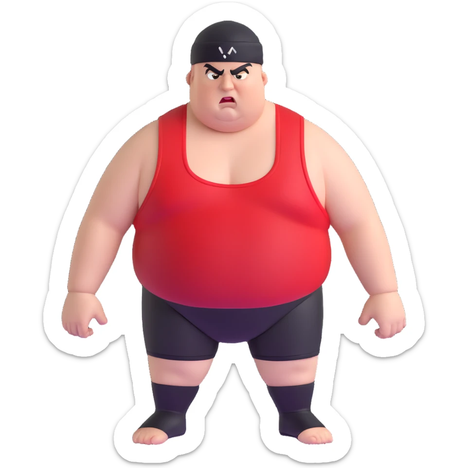 Close-up of white skin fat guy with young face, no muscle with prominent black durag, completely shaved face, no beard or mustache, black eyes in a red and black wrestling singlet with angry face sticker