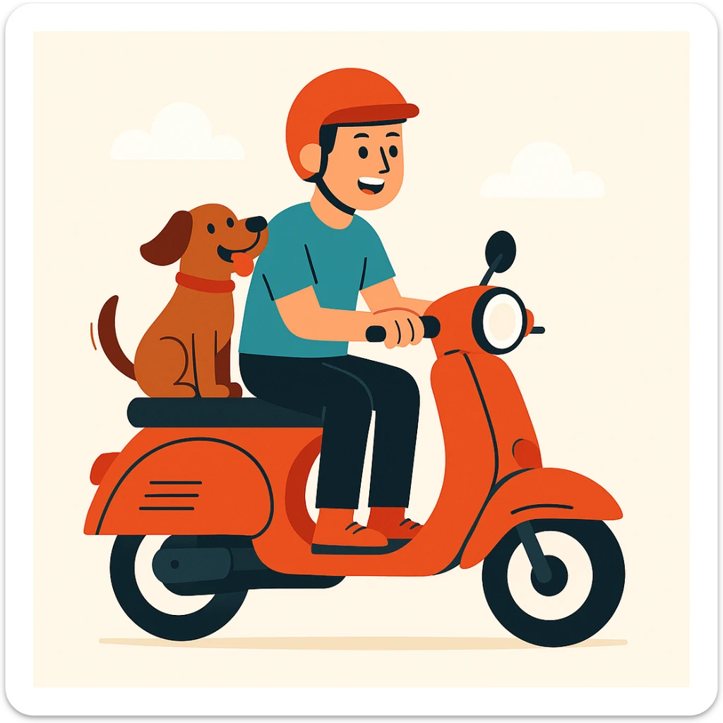 vector art of a man and his pet dog riding a vespa, for website design  sticker