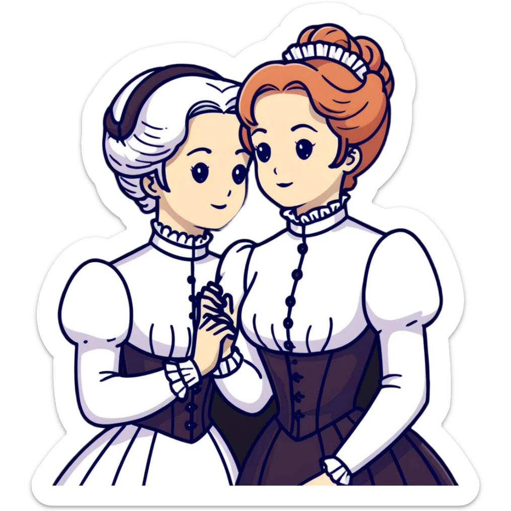 Two Victorian women embracing, one with white coiffed hair and one with copper coiffed hair, both with light eyes, wearing Victorian high-neck dresses sticker