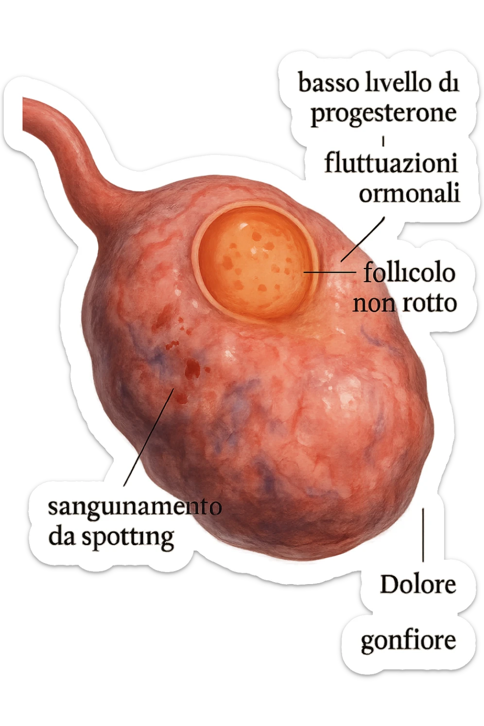 realistic and cinematic illustration of an ovary with an unruptured follicle, low progesterone, hormonal fluctuations, symptoms of spotting, pain and swelling, clinical details, captions in Italian sticker