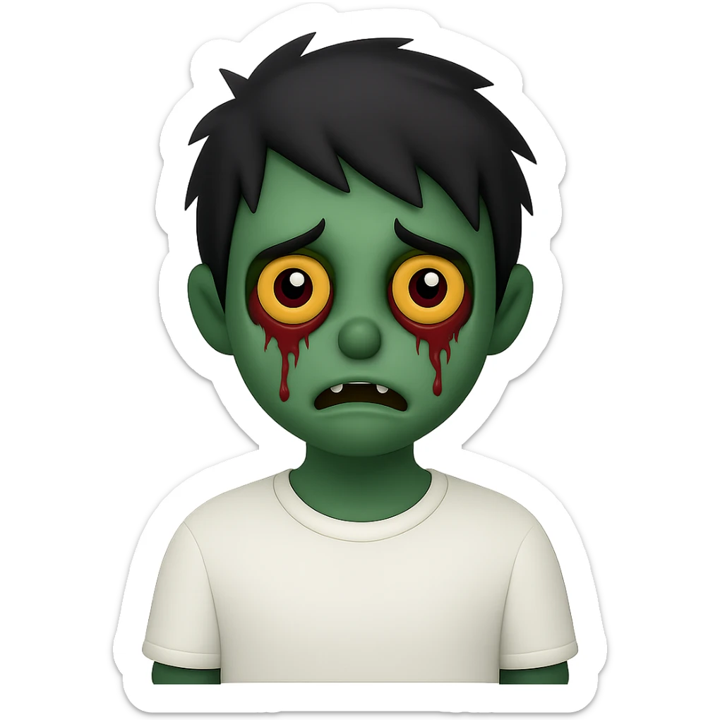 Add green skin to the spooky zombie boy with black shaggy emo hair, creepy expression, wearing a white shirt, no background, in emoji style. sticker