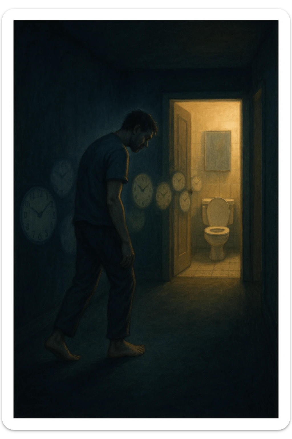 In una scena notturna onirica, un uomo cammina a piedi nudi in un corridoio buio verso un bagno illuminato, ripetutamente. Dietro di lui, come in una scia, ci sono orologi sfocati che simboleggiano il sonno interrotto. Ogni passo è lento, stanco, come se il corpo chiedesse riposo ma la vescica non lo permettesse. sticker