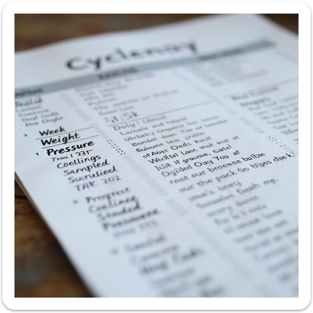 hyperrealistic 4K close-up of cycle monitoring table with columns: 'Week, Weight, Pressure, Tests, Notes', handwritten data, detailed sticker