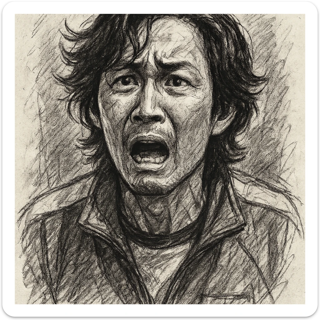 Squid Game Season 2 character, individual portrait, black and white, no color, pencil sketch style, dramatic expression sticker