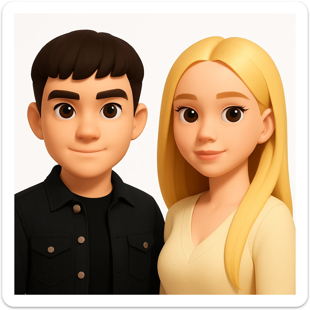 Slightly increase the volume of the upper body of the girl, separate the girl and the boy from each other, make the skin color the same for both characters, keep the cartoon style, white background. sticker