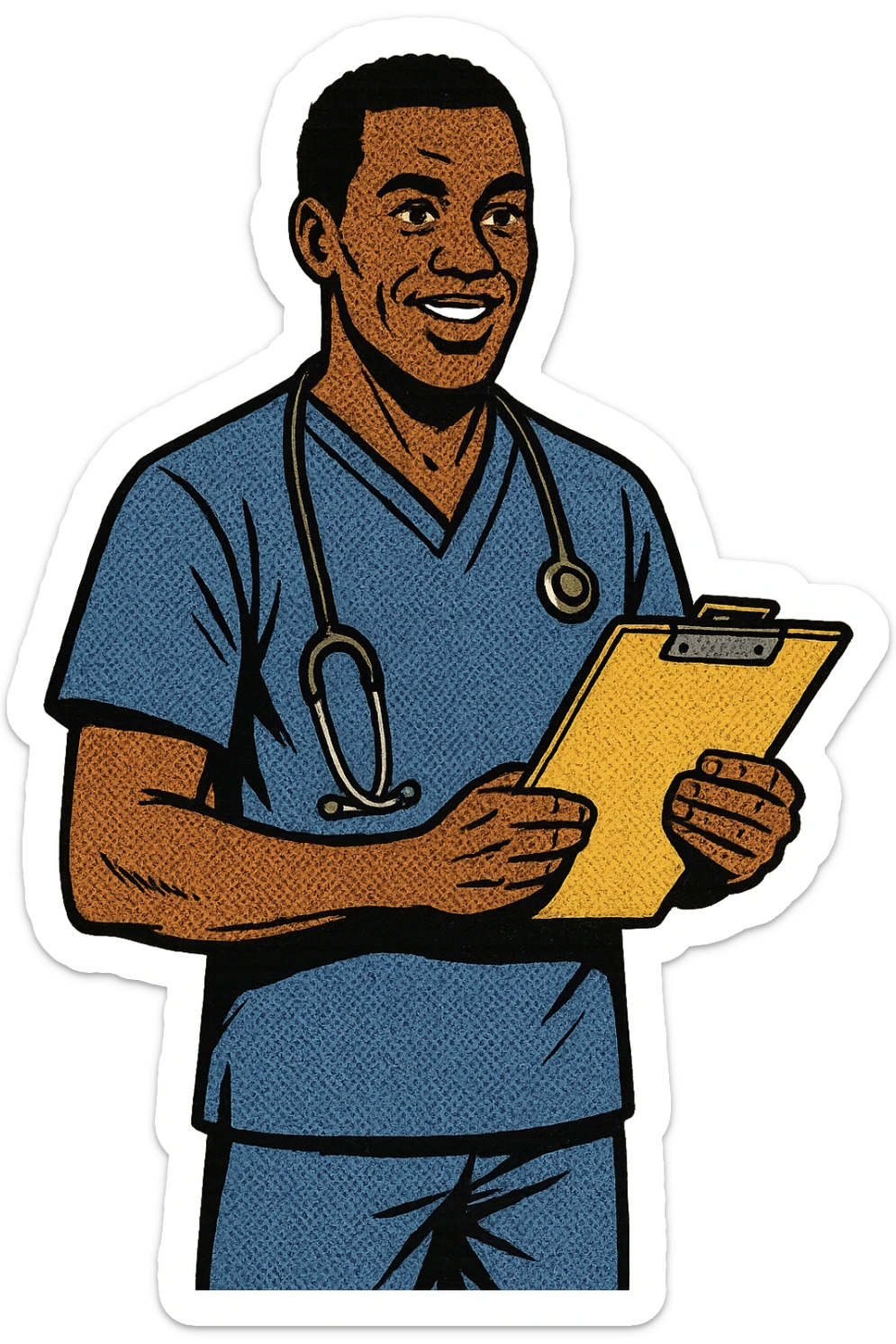 A full body image of a caring black male nurse with a stethoscope holding a note pad sticker