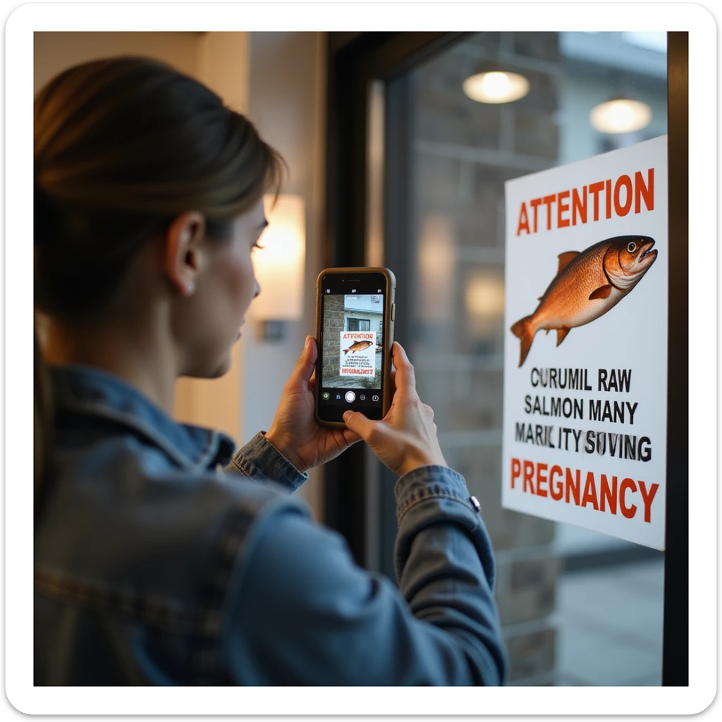realistic pregnant woman in 4K taking a photo with a cellphone of a sign that says: 'Attention, consuming raw salmon may pose risks during pregnancy' sticker