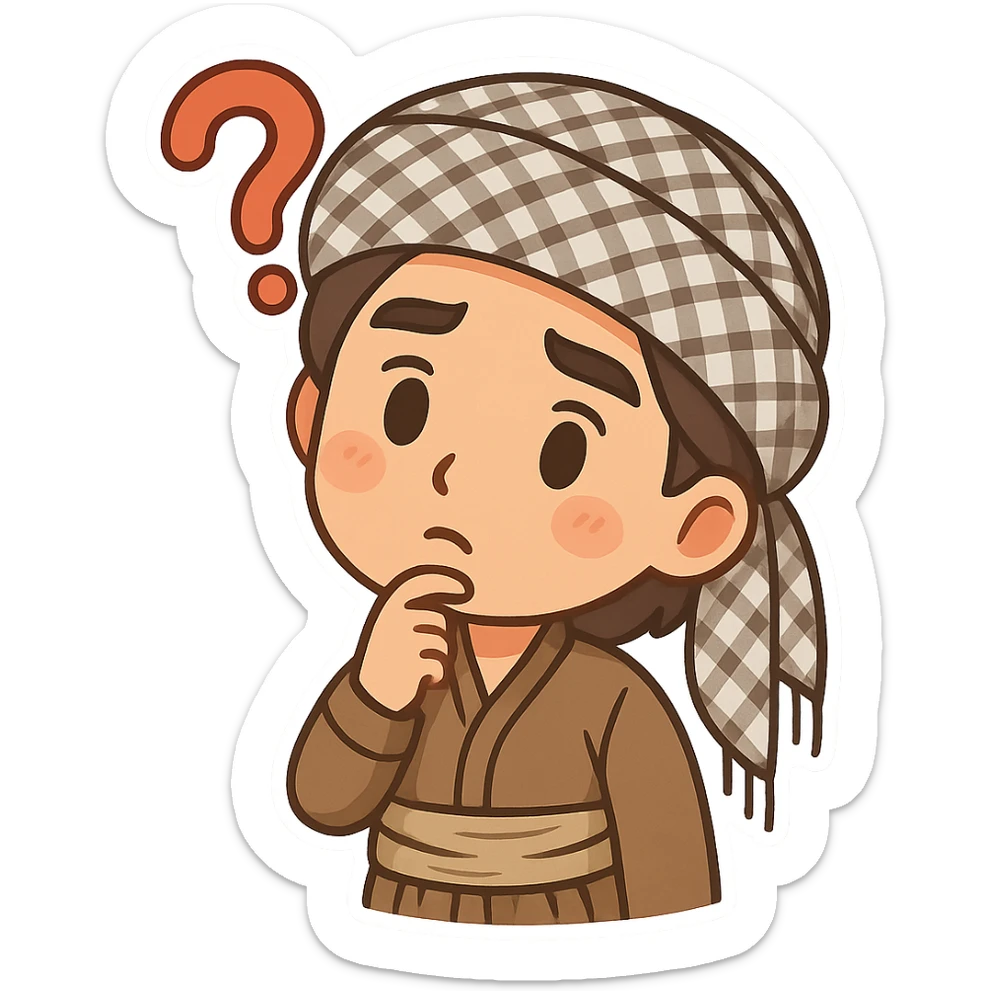 Kurdish man or woman in jamadani, cartoon style, big question mark above head, curious or puzzled expression, no text sticker