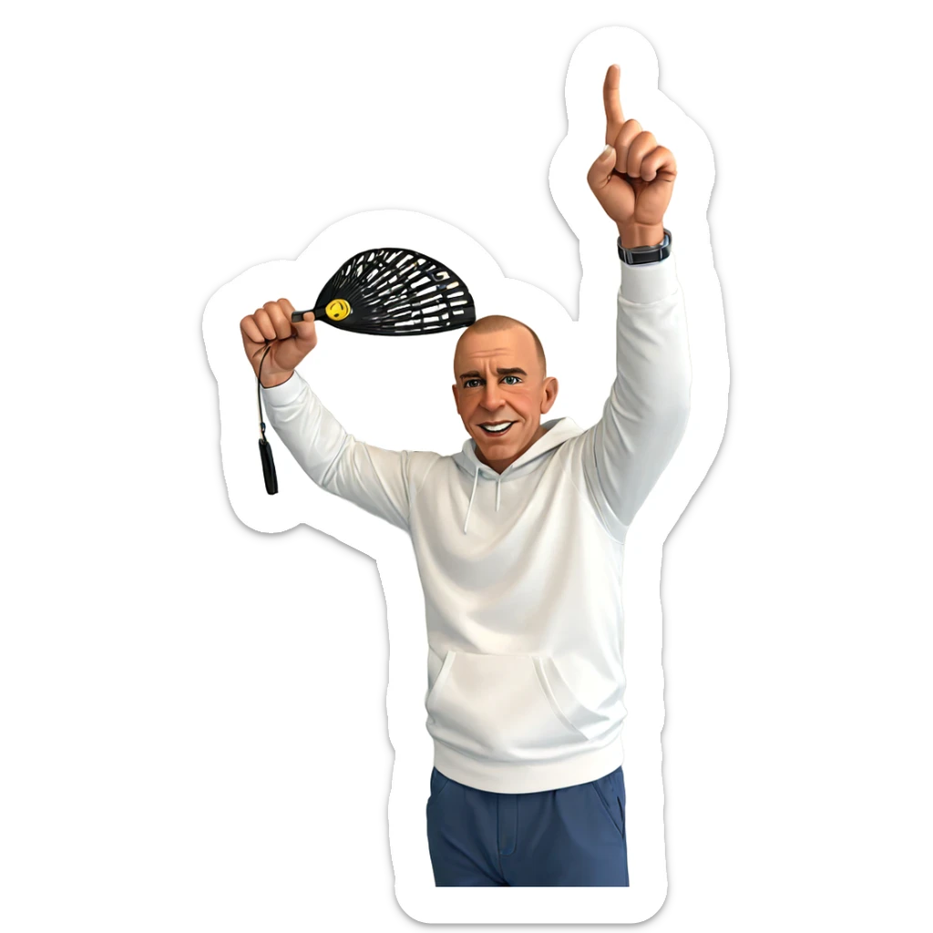 bald boy with a fan sticker