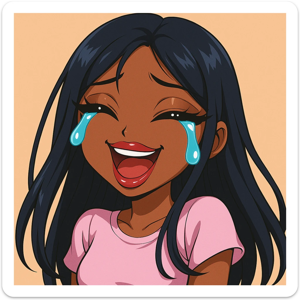 Make the character look like a 20-year-old woman in anime Bratz style with dark skin, dark hair, crying laughing expression, big expressive eyes, and glossy lips. sticker