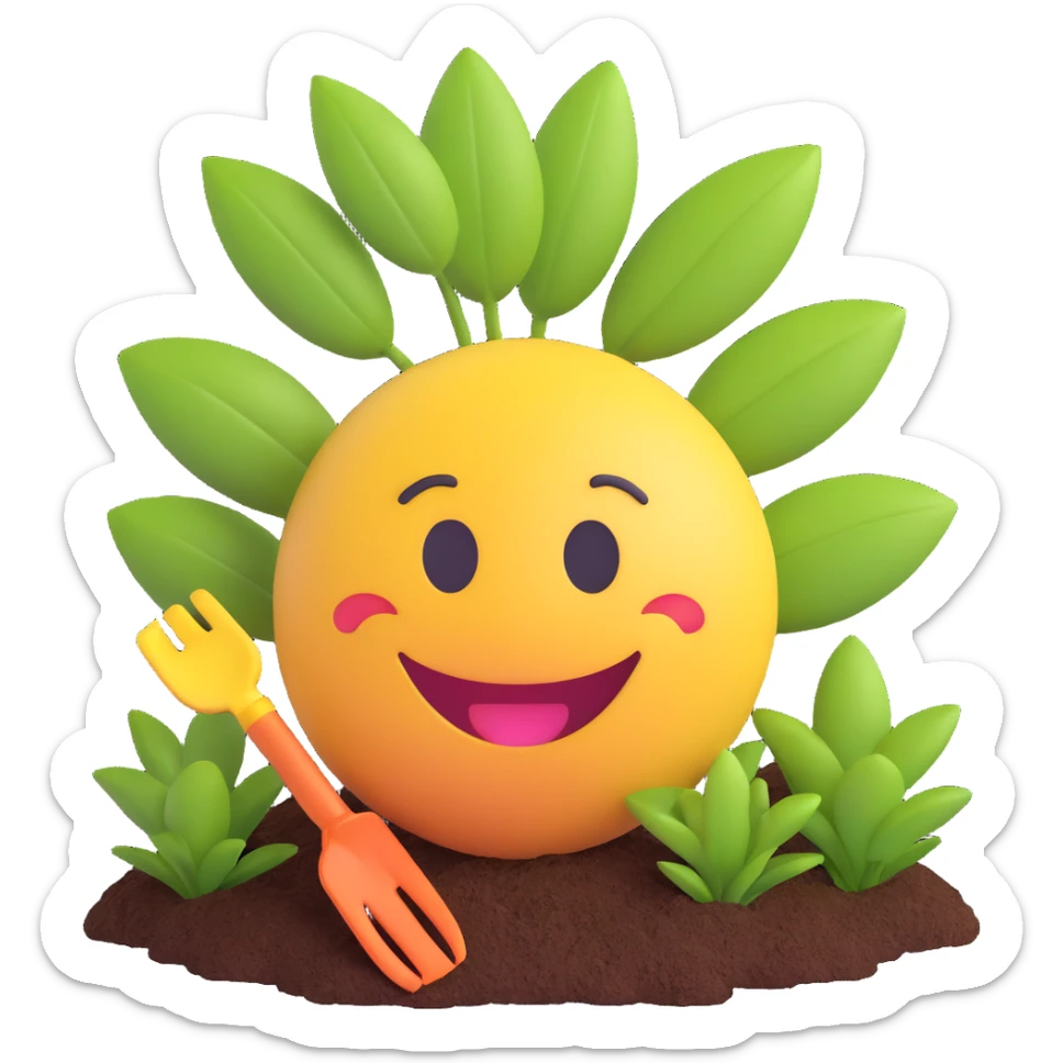 3D smiley emoji, round shape, grandmother gardening, green color, smiling face sticker