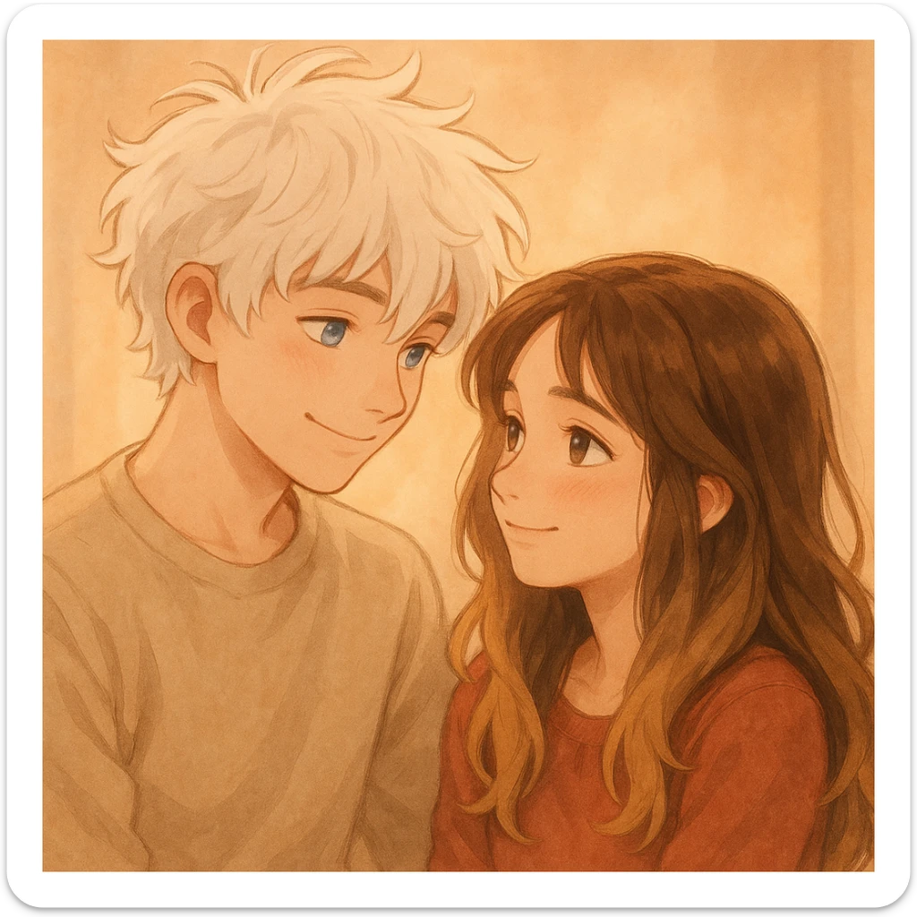 A boy with messy white hair and blue eyes looking at a girl with brunette and blonde hair and brown eyes, both showing affection and warmth. sticker