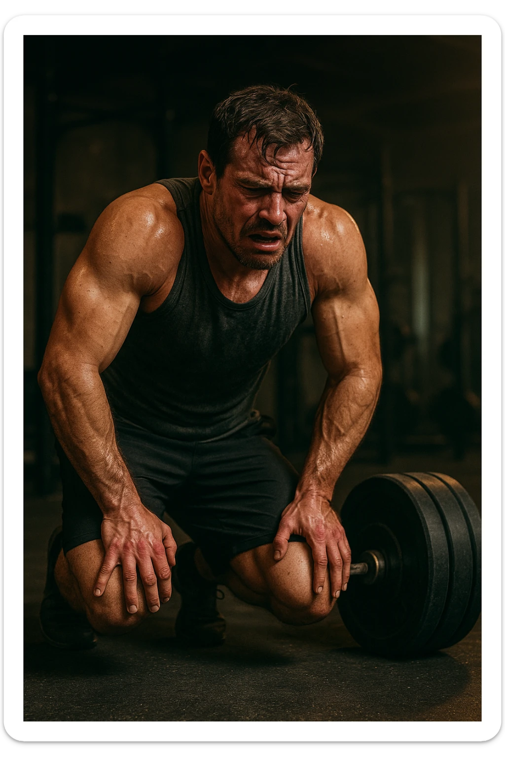 Uomo in palestra durante un allenamento, piegato su sé stesso con le mani sulle ginocchia, sudato, visibilmente esausto. Ha un'espressione di frustrazione e affaticamento estremo. Pesi pesanti accanto a lui, atmosfera intensa, luci soffuse. Il corpo mostra segni di sforzo eccessivo e accumulo di fatica. in italiano sticker