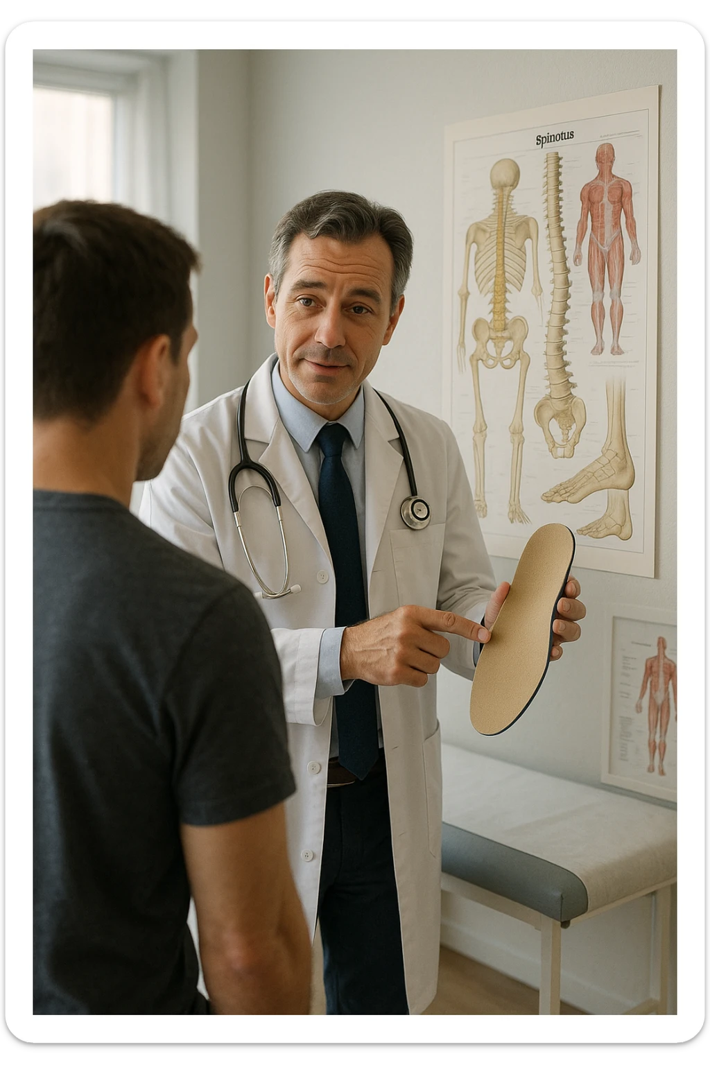 A realistic, cinematic illustration of a professional male doctor in his mid-40s, wearing a white coat, calmly explaining to a patient the benefits of using orthopedic insoles (plantari) for posture correction. The doctor holds a custom insole in his hand while pointing gently to a detailed anatomical poster showing the human spine, pelvis, and feet, illustrating the connection between foot alignment and posture. The setting is a bright, clean medical office with soft natural lighting, a treatment table, and educational anatomical charts in the background. The patient, seen from behind, listens attentively, while the doctor maintains a warm, knowledgeable expression, emphasizing preventive care and body alignment through plantar support. The scene feels trustworthy, modern, and health-focused. sticker