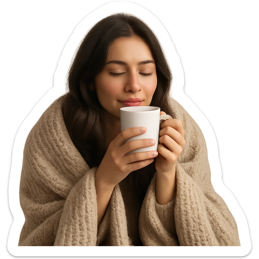 brunette girl cozy in a blanket sipping coffee with eyes closed, peaceful and relaxed sticker