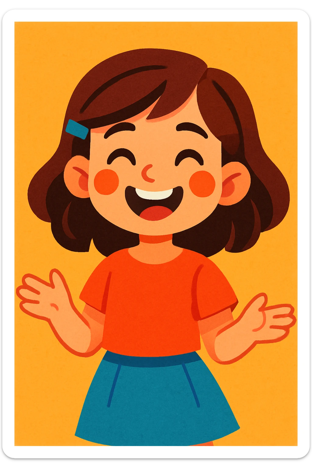 a girl with brunette hair, cheerful, modern illustration, vibrant toon style sticker