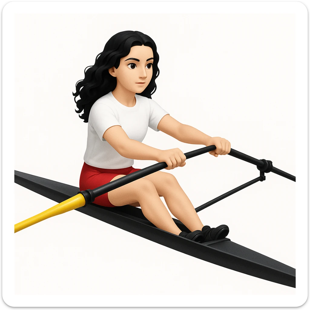 Altındaki tekneyi olimpik kürek sporu için uygun, uzun ve ince yarış teknesi olarak değiştir. Kız siyah uzun dalgalı saçlı, beyaz tenli, kırmızı şort ve beyaz kısa kollu tişörtle olimpik kürek sporu yapıyor sticker