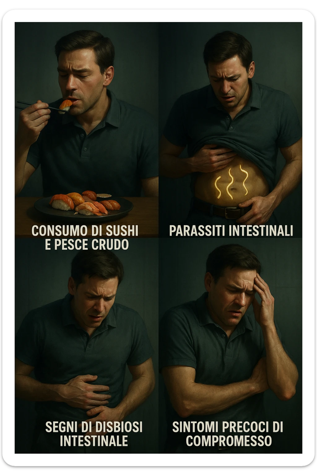 Illustrazione verticale realistica e cinematografica in italiano che mostra la progressione della malattia in più fasi da sinistra a destra: uomo che mangia sushi e pesce crudo, comparsa di parassiti intestinali, segni di disbiosi, primi sintomi di malessere, fino a uno stato di salute compromesso. Atmosfera clinica con luci drammatiche, didascalie in italiano, formato 2:3. sticker